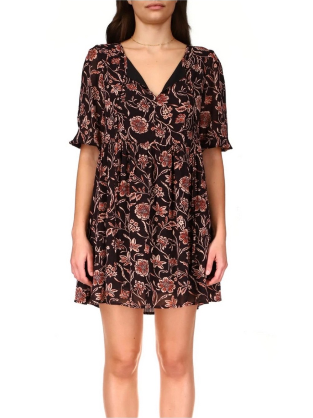 Sanctuary Floral Keyhole Babydoll Mini Dress | Brown M 3/4 Sleeve